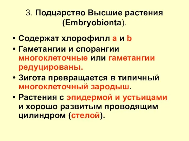 3. Подцарство Высшие растения (Embryobionta). Содержат хлорофилл a и b