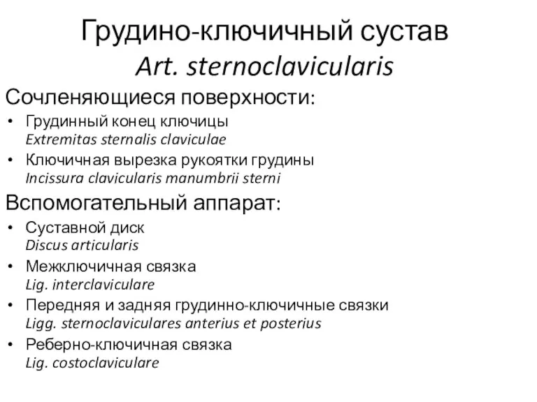 Грудино-ключичный сустав Art. sternoclavicularis Сочленяющиеся поверхности: Грудинный конец ключицы Extremitas