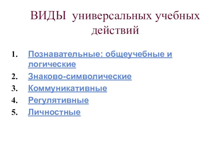 ВИДЫ универсальных учебных действий Познавательные: общеучебные и логические Знаково-символические Коммуникативные Регулятивные Личностные