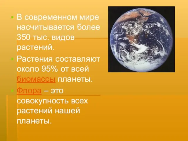 В современном мире насчитывается более 350 тыс. видов растений. Растения составляют около 95%