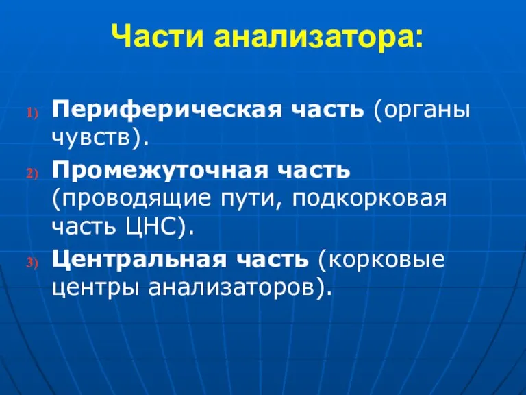 Части анализатора: Периферическая часть (органы чувств). Промежуточная часть (проводящие пути, подкорковая часть ЦНС).