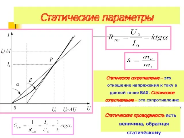 Статические параметры Статическое сопротивление – это отношение напряжения к току