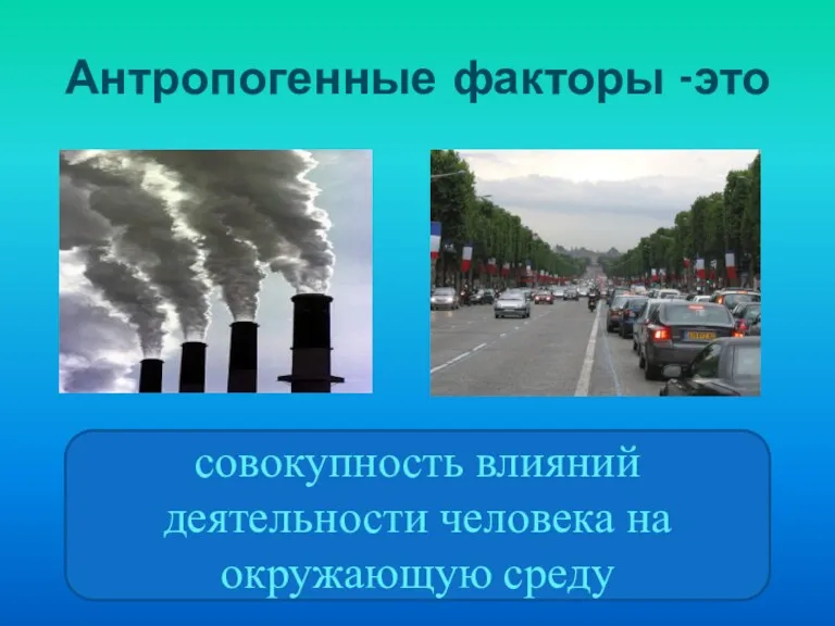 Антропогенные факторы -это совокупность влияний деятельности человека на окружающую среду