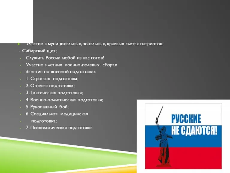 Участие в муниципальных, зональных, краевых слетах патриотов: - Сибирский щит;