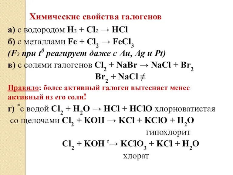 Химические свойства галогенов а) с водородом Н2 + Cl2 →