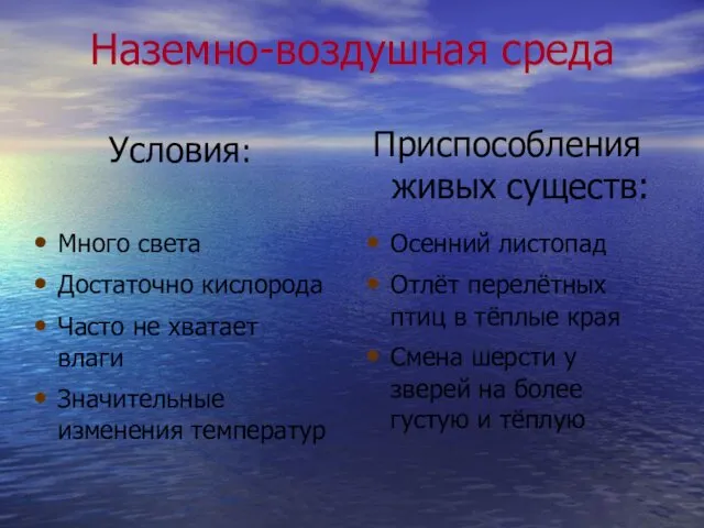 Наземно-воздушная среда Много света Достаточно кислорода Часто не хватает влаги