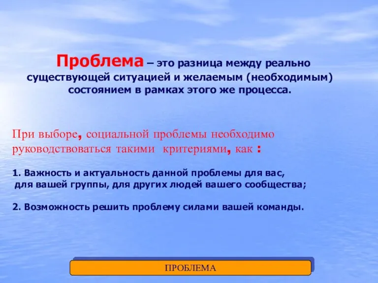 ПРОБЛЕМА Проблема – это разница между реально существующей ситуацией и