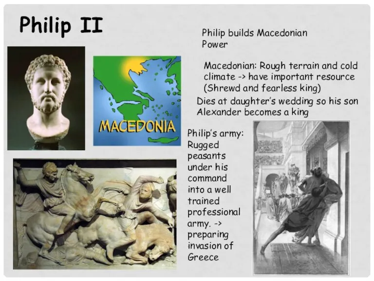Philip II Philip builds Macedonian Power Macedonian: Rough terrain and cold climate ->