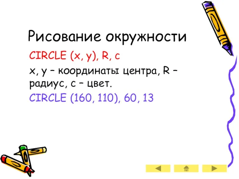 Рисование окружности CIRCLE (x, y), R, c x, y –