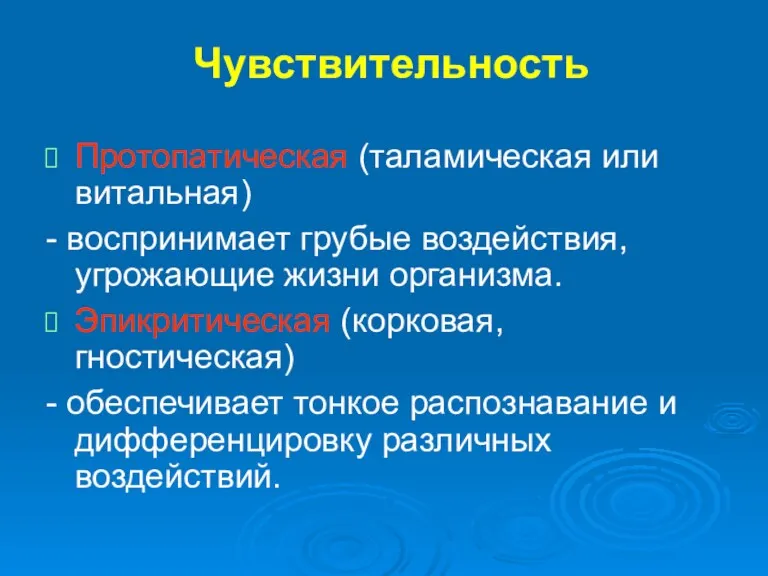 Чувствительность Протопатическая (таламическая или витальная) - воспринимает грубые воздействия, угрожающие