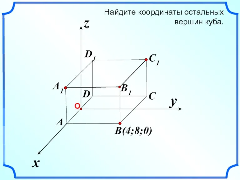 x z Найдите координаты остальных вершин куба. y B(4;8;0) C C1 B1 A1 A D D1
