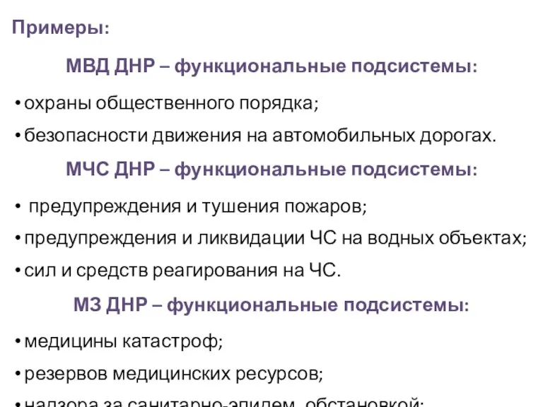 Примеры: МВД ДНР – функциональные подсистемы: охраны общественного порядка; безопасности