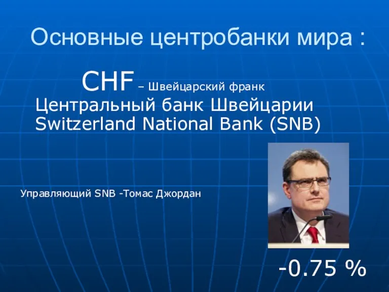 CHF – Швейцарский франк Центральный банк Швейцарии Switzerland National Bank (SNB) Основные центробанки