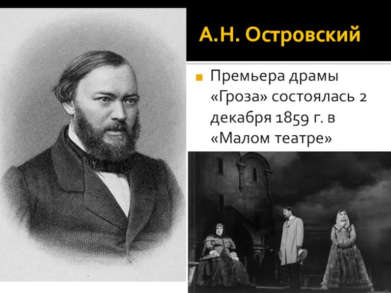Премьера драмы «Гроза» состоялась 2 декабря 1859 г. в «Малом театре» А.Н. Островский