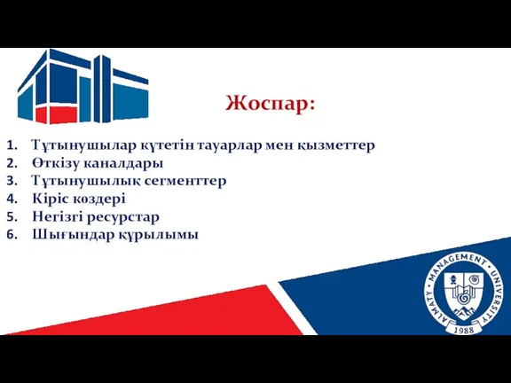 Жоспар: Тұтынушылар күтетін тауарлар мен қызметтер Өткізу каналдары Тұтынушылық сегменттер Кіріс көздері Негізгі ресурстар Шығындар құрылымы