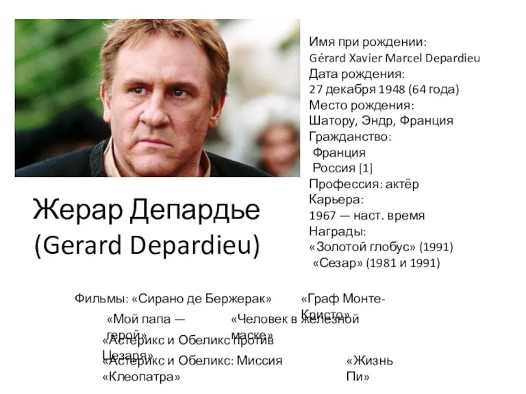 Жерар Депардье (Gerard Depardieu) Имя при рождении: Gérard Xavier Marcel Depardieu Дата рождения: