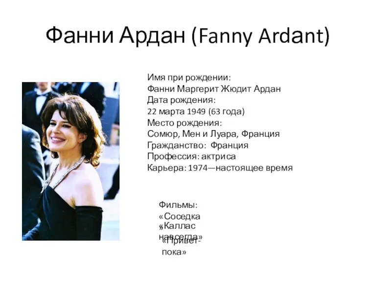 Фанни Ардан (Fanny Ardаnt) Имя при рождении: Фанни Маргерит Жюдит Ардан Дата рождения: