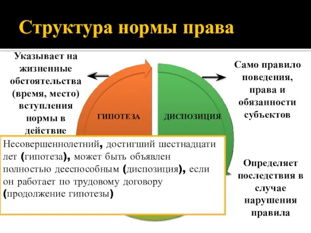 Структура нормы права Указывает на жизненные обстоятельства (время, место) вступления