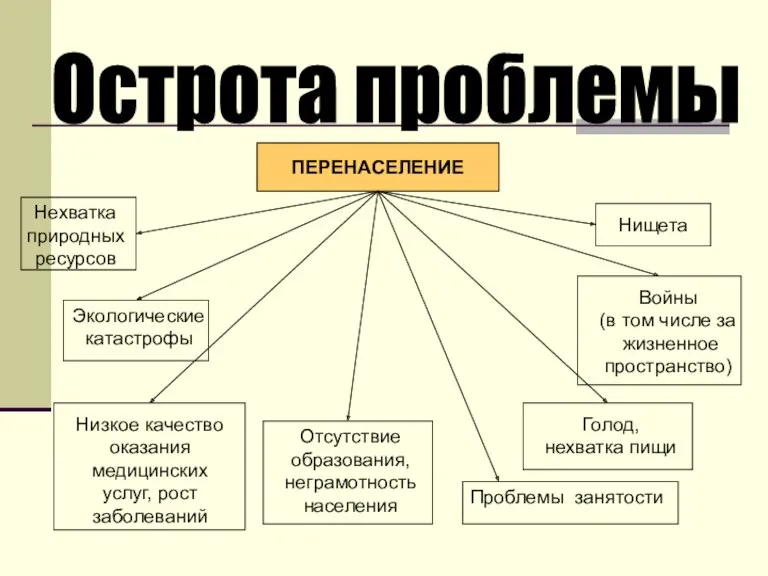 Острота проблемы ПЕРЕНАСЕЛЕНИЕ Нехватка природных ресурсов Экологические катастрофы Отсутствие образования,