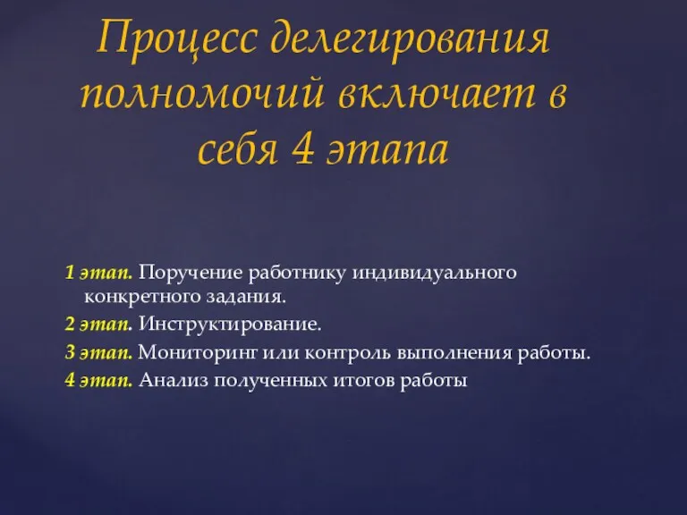 Процесс делегирования полномочий включает в себя 4 этапа 1 этап.