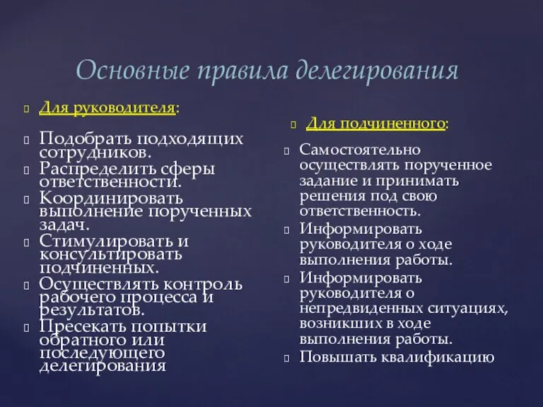 Подобрать подходящих сотрудников. Распределить сферы ответственности. Координировать выполнение порученных задач.