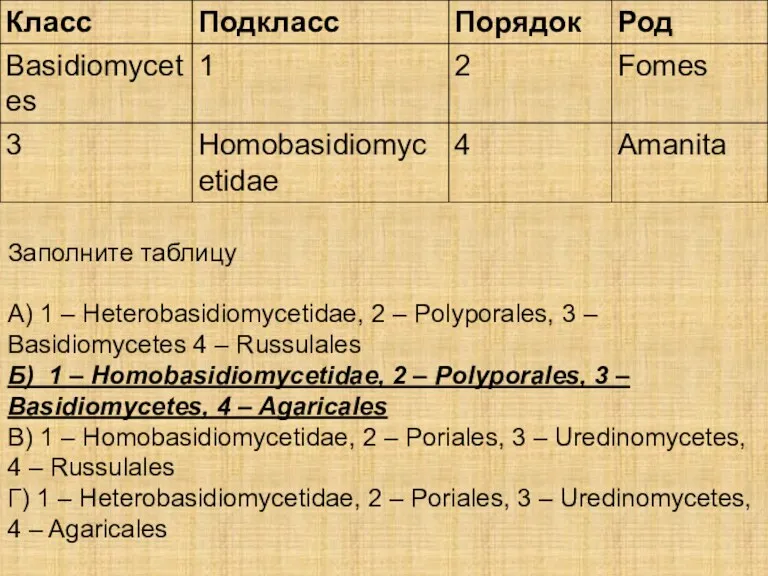 Заполните таблицу А) 1 – Heterobasidiomycetidae, 2 – Polyporales, 3