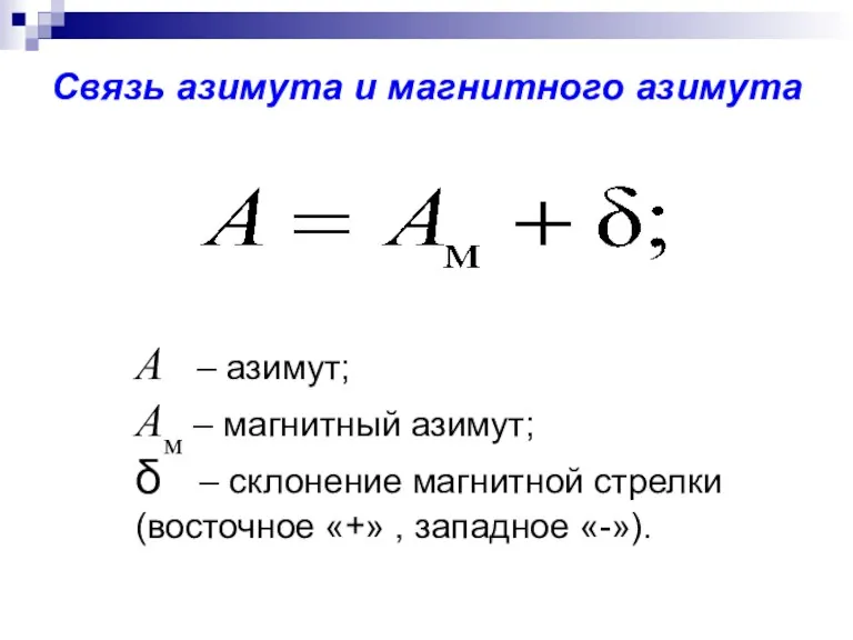 Связь азимута и магнитного азимута A – азимут; Ам –