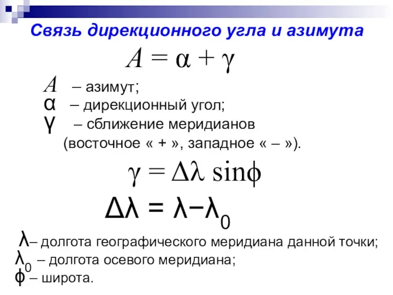 Связь дирекционного угла и азимута A – азимут; α –