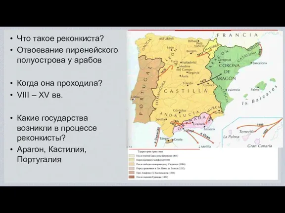 Что такое реконкиста? Отвоевание пиренейского полуострова у арабов Когда она