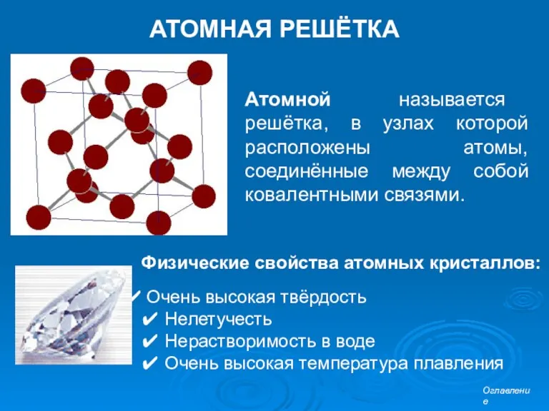 АТОМНАЯ РЕШЁТКА Атомной называется решётка, в узлах которой расположены атомы,