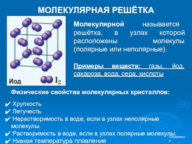 МОЛЕКУЛЯРНАЯ РЕШЁТКА Молекулярной называется решётка, в узлах которой расположены молекулы