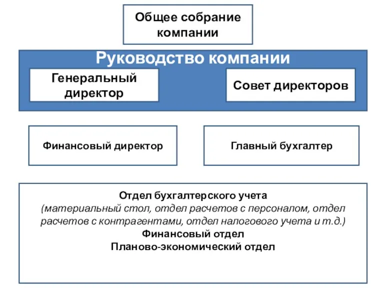 Руководство компании Общее собрание компании Совет директоров Генеральный директор Финансовый