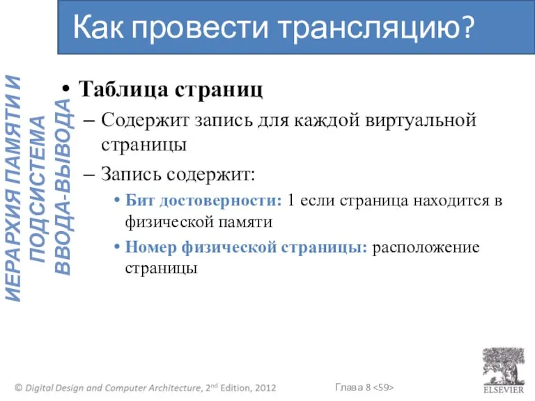 Таблица страниц Содержит запись для каждой виртуальной страницы Запись содержит: