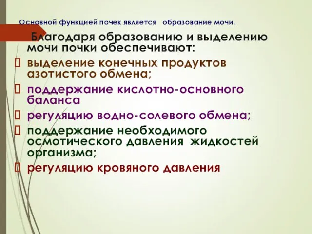 Основной функцией почек является образование мочи. Благодаря образованию и выделению