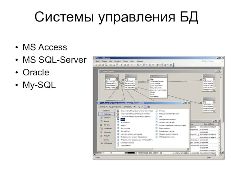 Системы управления БД MS Access MS SQL-Server Oracle My-SQL