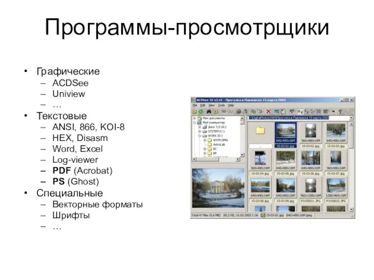 Программы-просмотрщики Графические ACDSee Uniview … Текстовые ANSI, 866, KOI-8 HEX,
