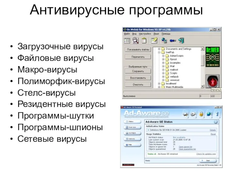 Антивирусные программы Загрузочные вирусы Файловые вирусы Макро-вирусы Полиморфик-вирусы Стелс-вирусы Резидентные вирусы Программы-шутки Программы-шпионы Сетевые вирусы