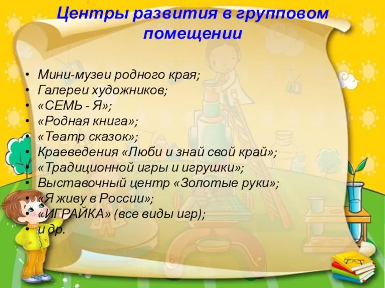 Центры развития в групповом помещении Мини-музеи родного края; Галереи художников;
