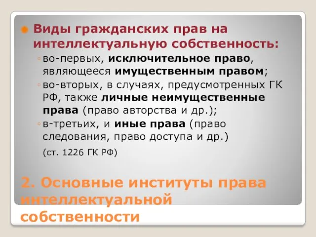 2. Основные институты права интеллектуальной собственности Виды гражданских прав на