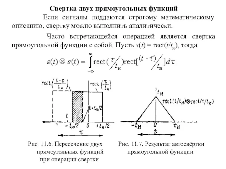 Свертка двух прямоугольных функций Если сигналы поддаются строгому математическому описанию,