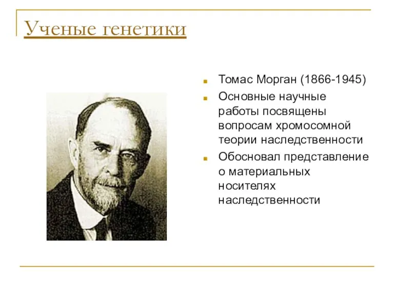 Ученые генетики Томас Морган (1866-1945) Основные научные работы посвящены вопросам хромосомной теории наследственности