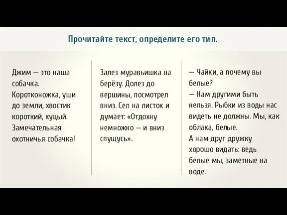 Прочитайте текст, определите его тип. Джим — это наша собачка.