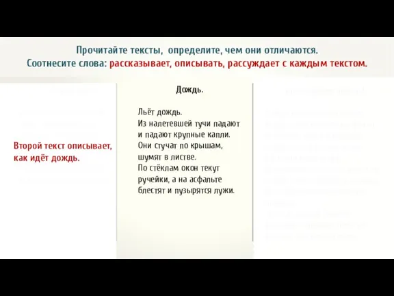 Прочитайте тексты, определите, чем они отличаются. Соотнесите слова: рассказывает, описывать,