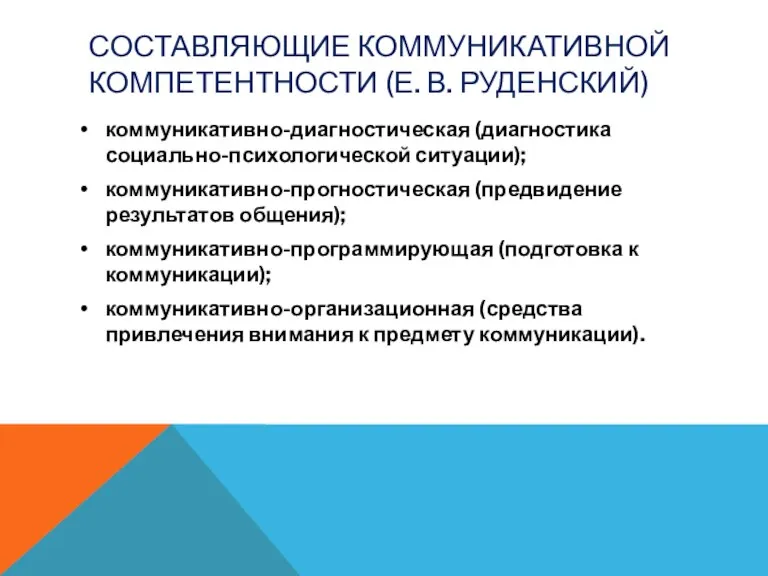 СОСТАВЛЯЮЩИЕ КОММУНИКАТИВНОЙ КОМПЕТЕНТНОСТИ (Е. В. РУДЕНСКИЙ) коммуникативно-диагностическая (диагностика социально-психологической ситуации); коммуникативно-прогностическая (предвидение результатов