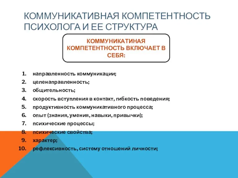 КОММУНИКАТИВНАЯ КОМПЕТЕНТНОСТЬ ПСИХОЛОГА И ЕЕ СТРУКТУРА направленность коммуникации; целенаправленность; общительность;