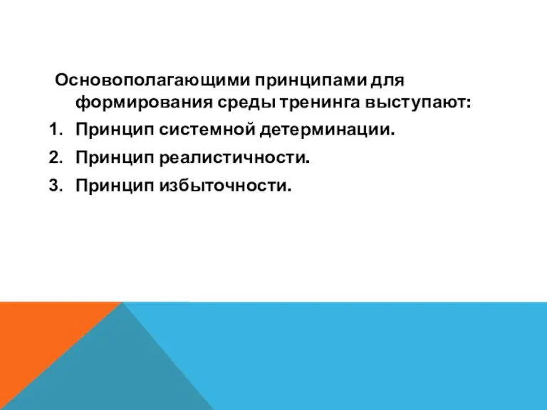 Основополагающими принципами для формирования среды тренинга выступают: Принцип системной детерминации. Принцип реалистичности. Принцип избыточности.