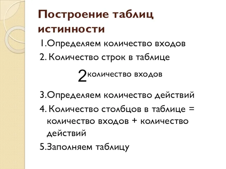 Построение таблиц истинности 1.Определяем количество входов 2. Количество строк в