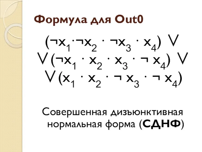 Формула для Out0 (¬x1∙¬x2 ∙ ¬x3 ∙ x4) ∨ ∨(¬x1