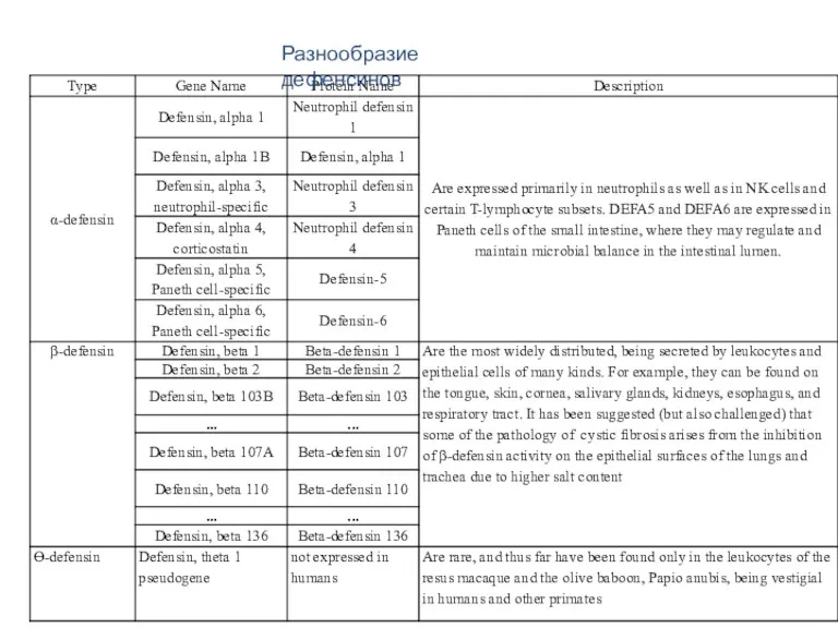 Разнообразие дефенсинов