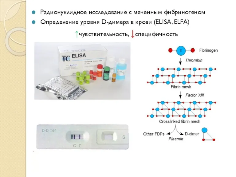 Радионуклидное исследование с меченным фибриногеном Определение уровня D-димера в крови (ELISA, ELFA) ↑чувствительность, ↓специфичность